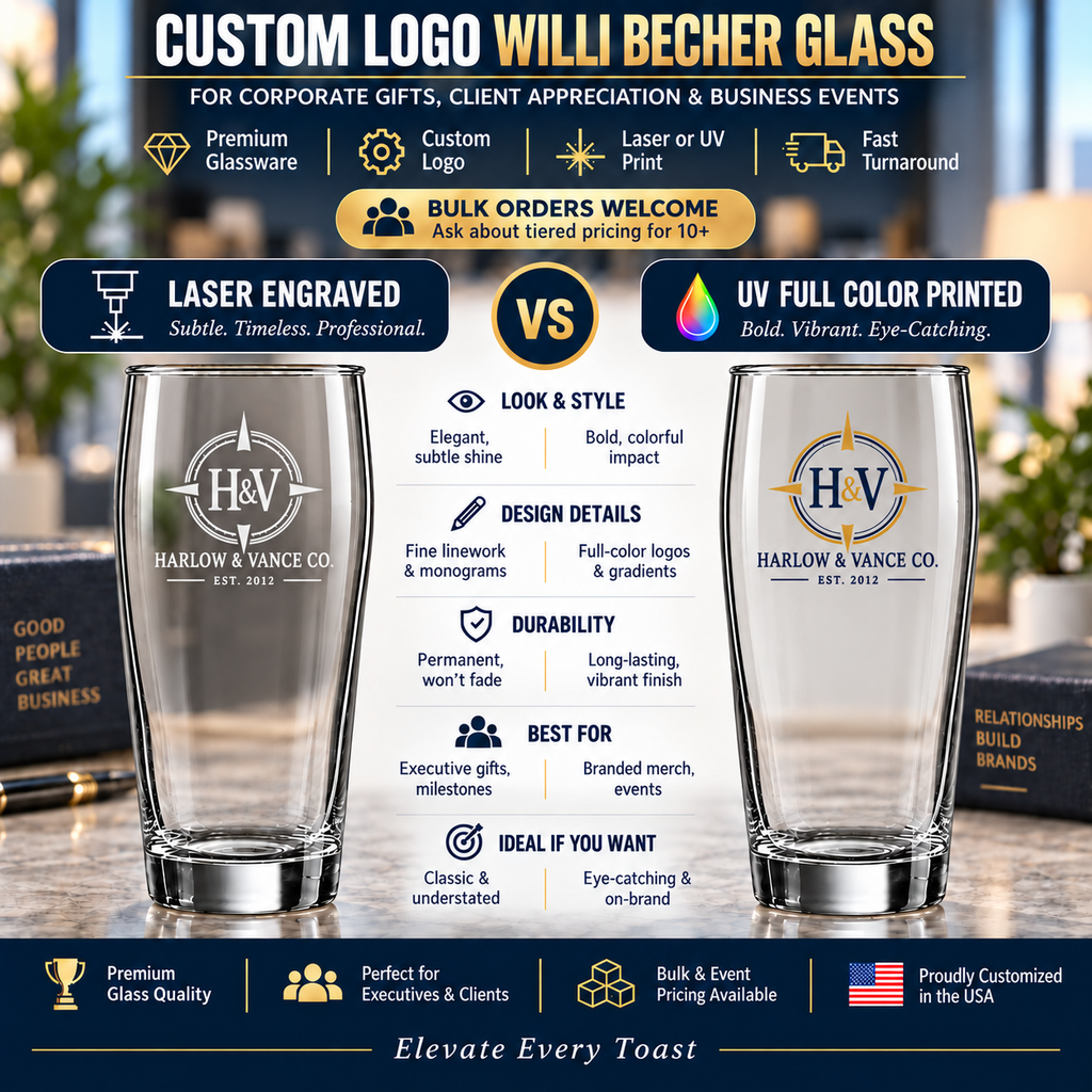 16oz Willi Becher Glass, Custom Engraved or UV Printed Logo Branding for Businesses