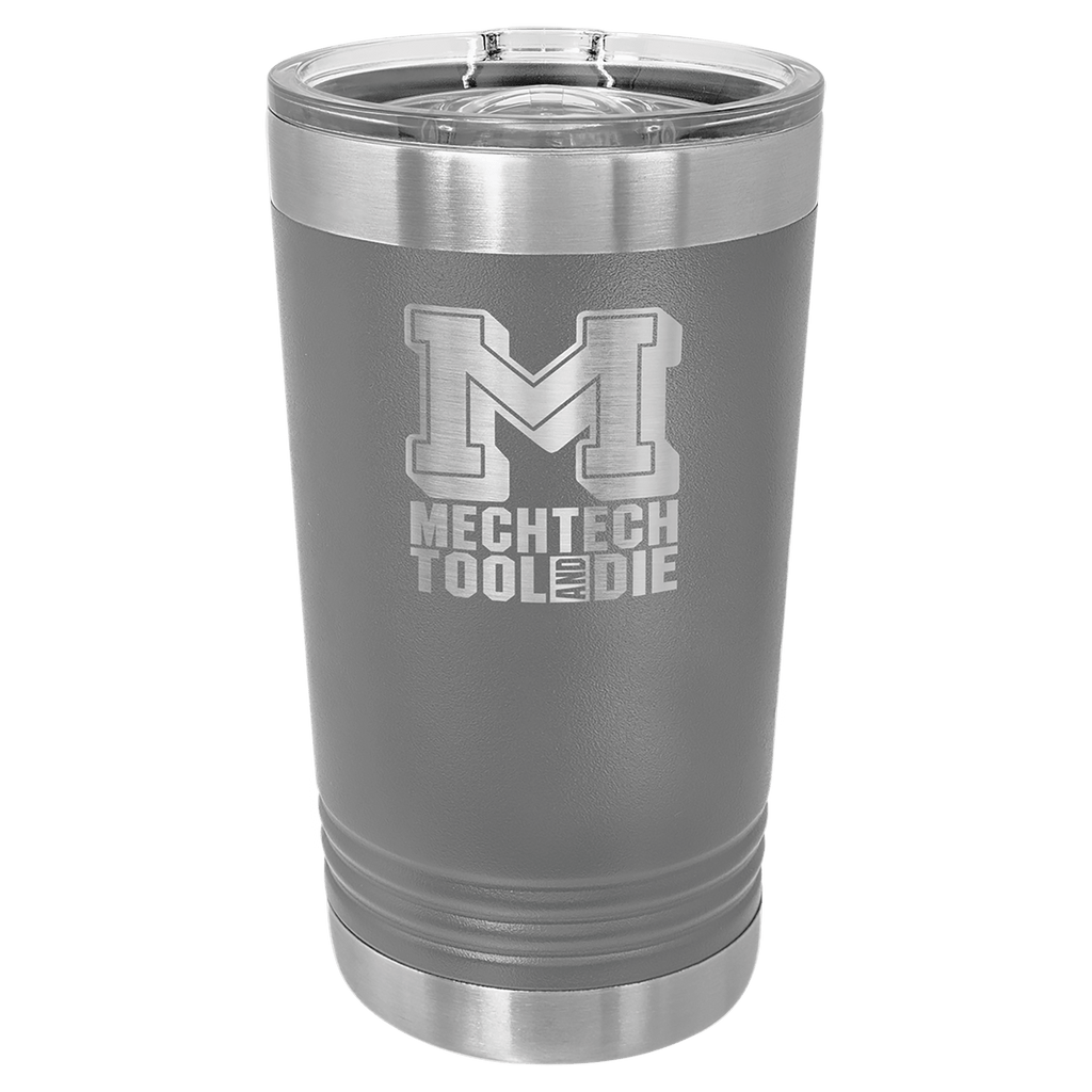 Gray tumbler with 'MechTech Tool and Die' logo on a green background