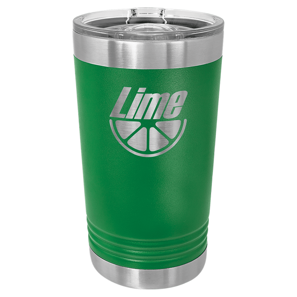 Green tumbler with silver lid featuring 'Lime' logo on a clear background