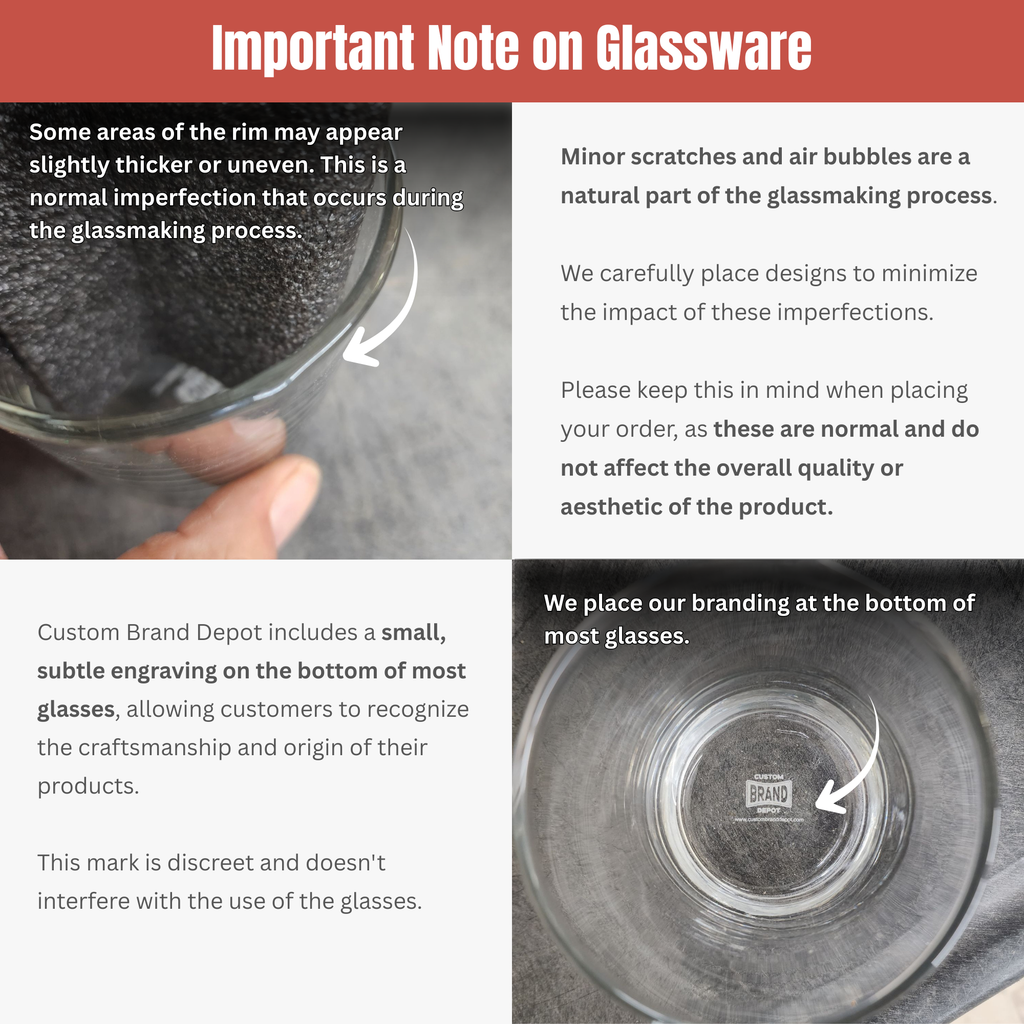 Glassware with text explaining imperfections and branding on a glass.