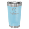 Light blue tumbler with silver lid featuring 'Mountain High Dental Clinic' logo on a white background