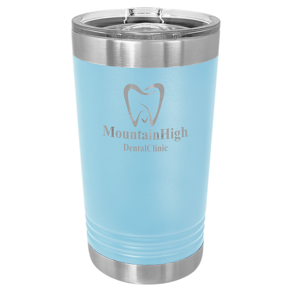 Light blue tumbler with silver lid featuring 'Mountain High Dental Clinic' logo on a white background