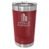 Maroon tumbler with silver Apollo Mortgage logo on a transparent background