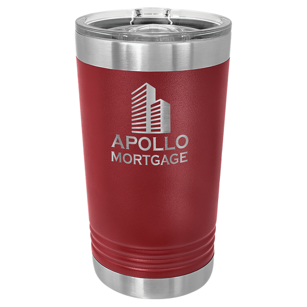 Maroon tumbler with silver Apollo Mortgage logo on a transparent background