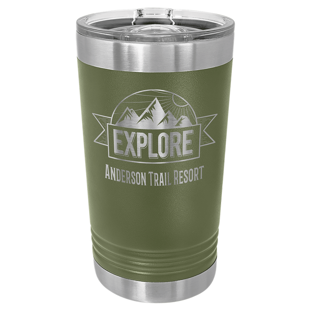 Green tumbler with 'Explore Anderson Trail Resort' text on a green background