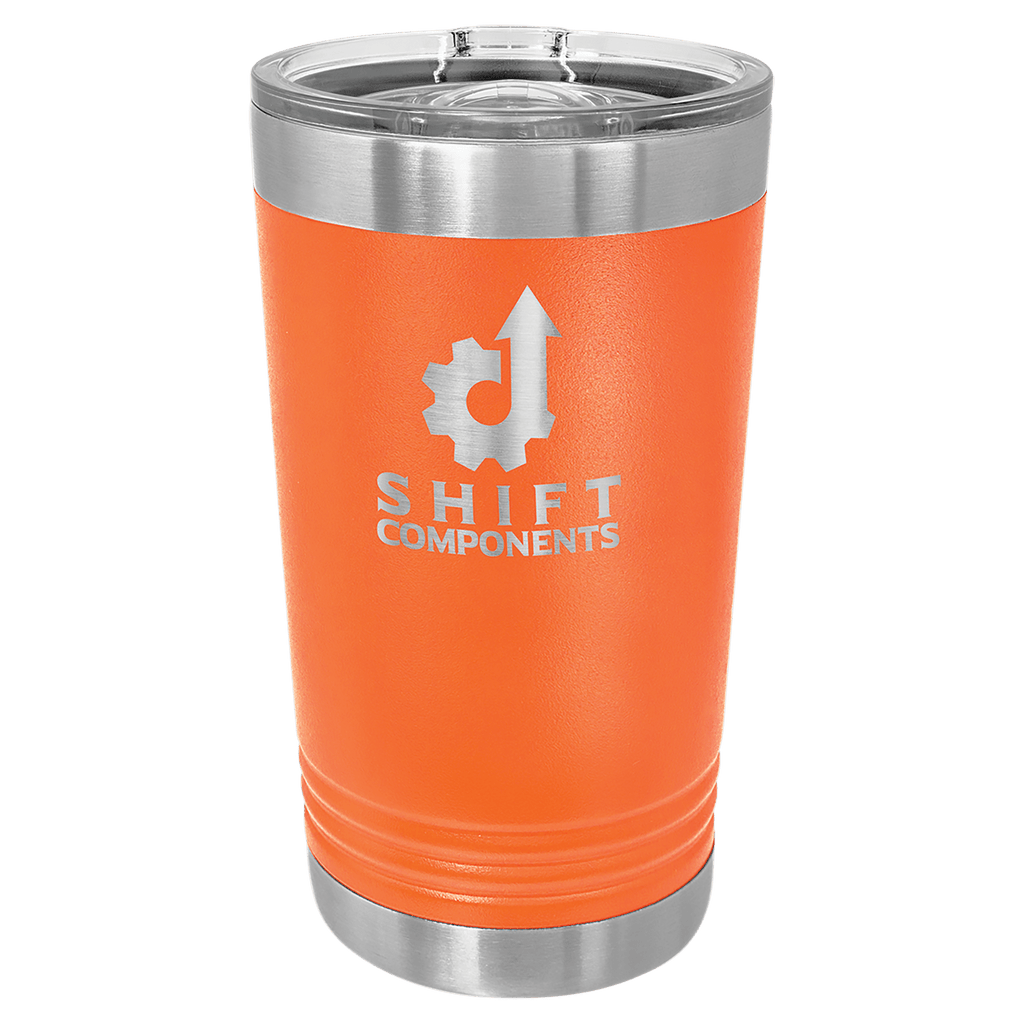 Orange tumbler with silver lid featuring Shift Components logo on a clear background