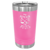Pink tumbler with silver lid featuring 'my kitchen my rules' text on a white background
