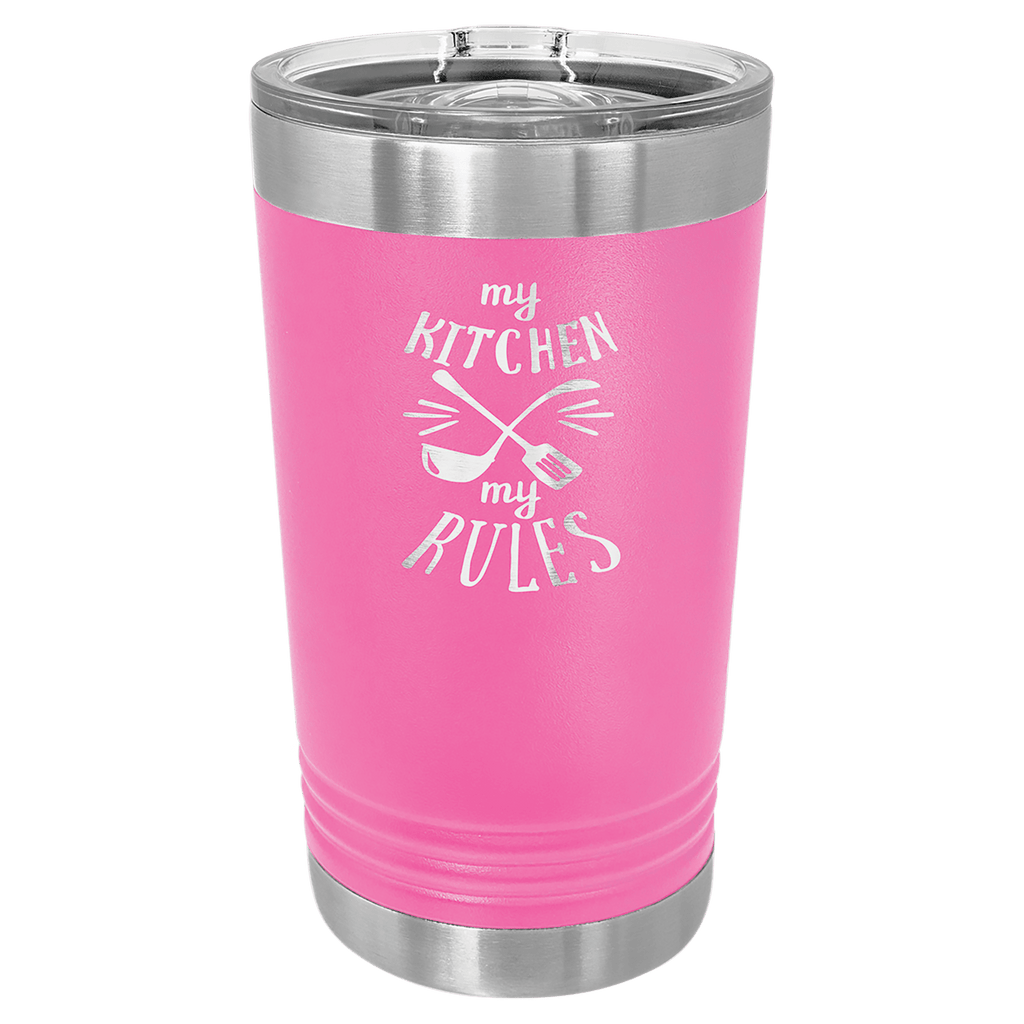 Pink tumbler with silver lid featuring 'my kitchen my rules' text on a white background
