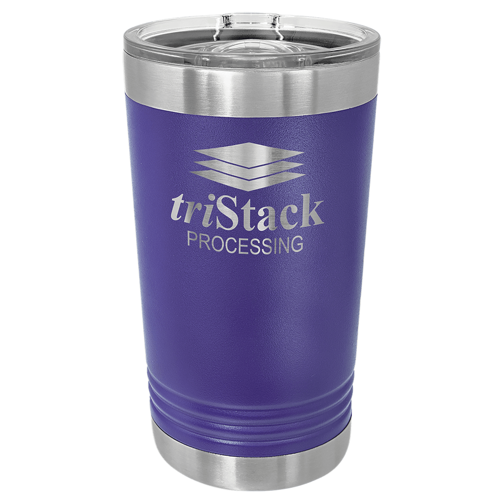Purple tumbler with silver lid featuring 'triStack Processing' logo on a clear background