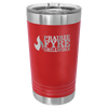Red tumbler with silver lid featuring 'Prairie Fyre Grillwork' logo on a transparent background