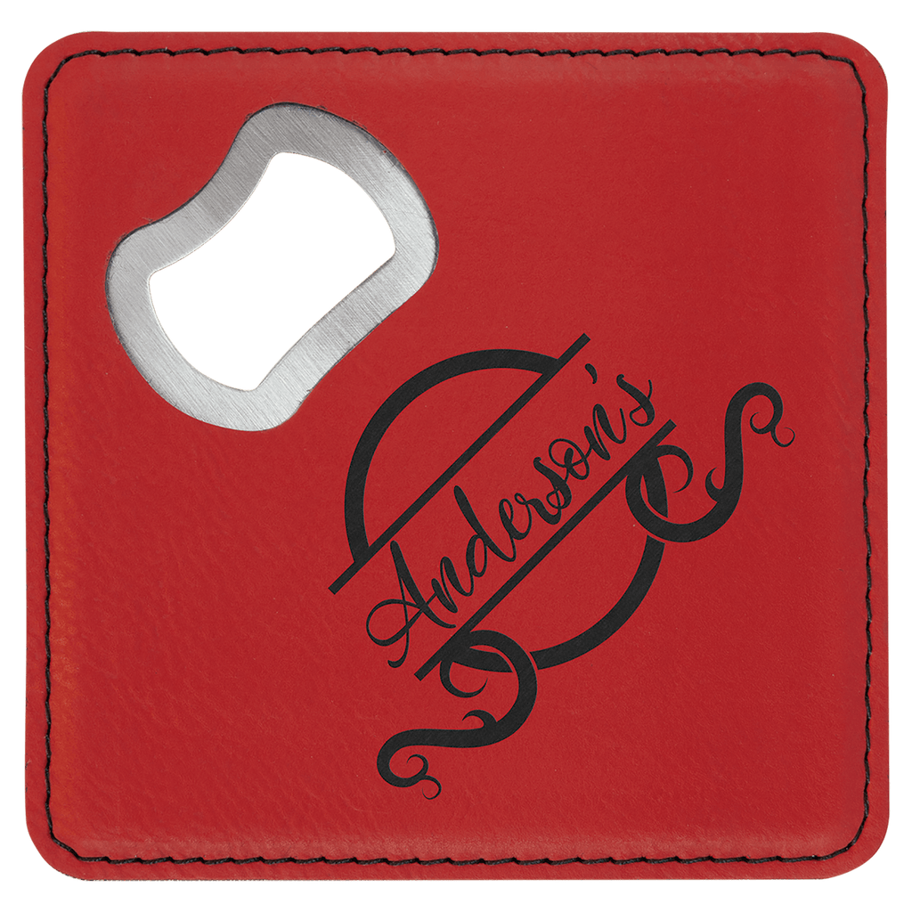 red leatherette bottle opener coaster