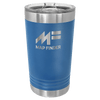 Blue insulated tumbler with silver lid and 'Map Finder' logo on a transparent background