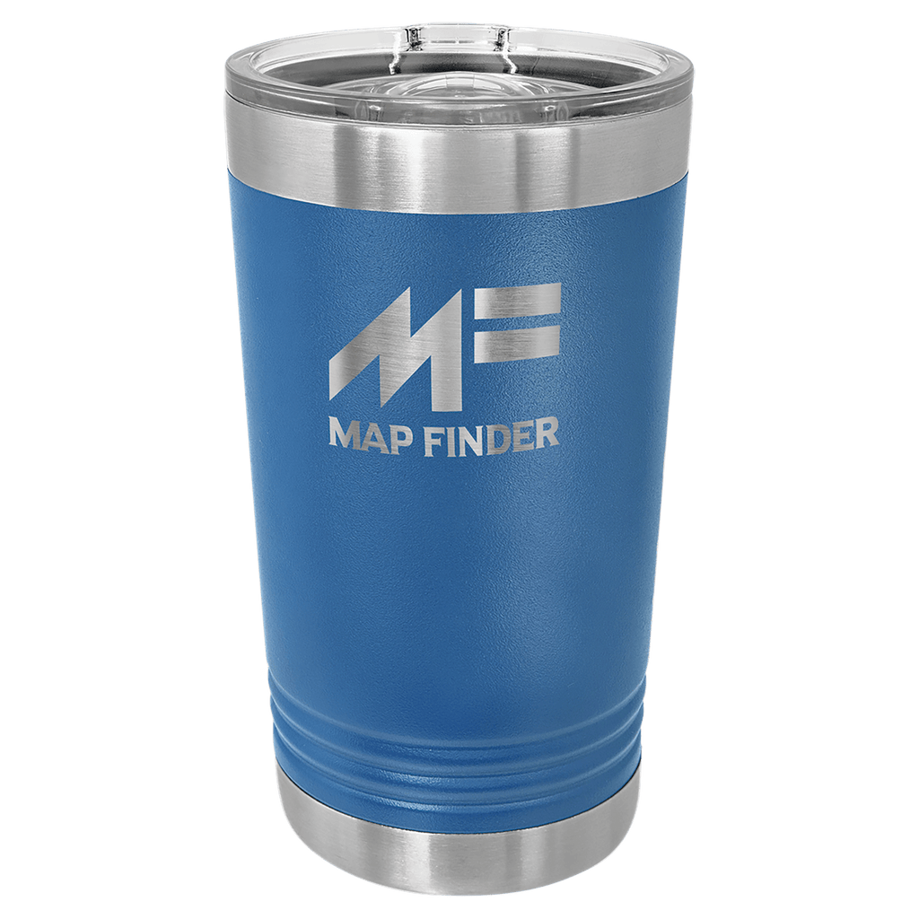 Blue insulated tumbler with silver lid and 'Map Finder' logo on a transparent background