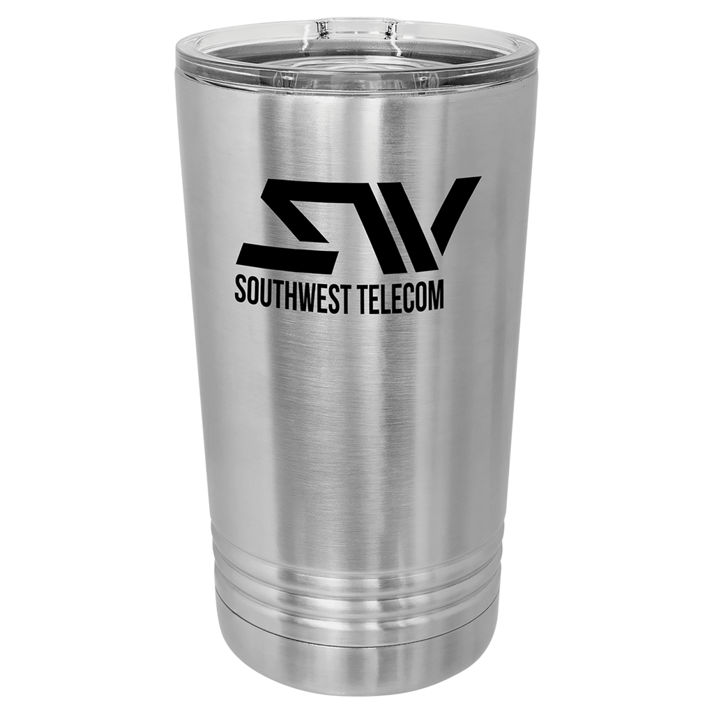 Silver tumbler with 'Southwest Telecom' logo on a green background