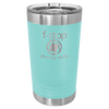 Turquoise tumbler with silver lid featuring 'f-stop photography' logo on a white background