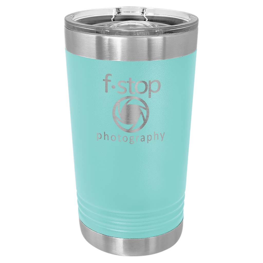 Turquoise tumbler with silver lid featuring 'f-stop photography' logo on a white background