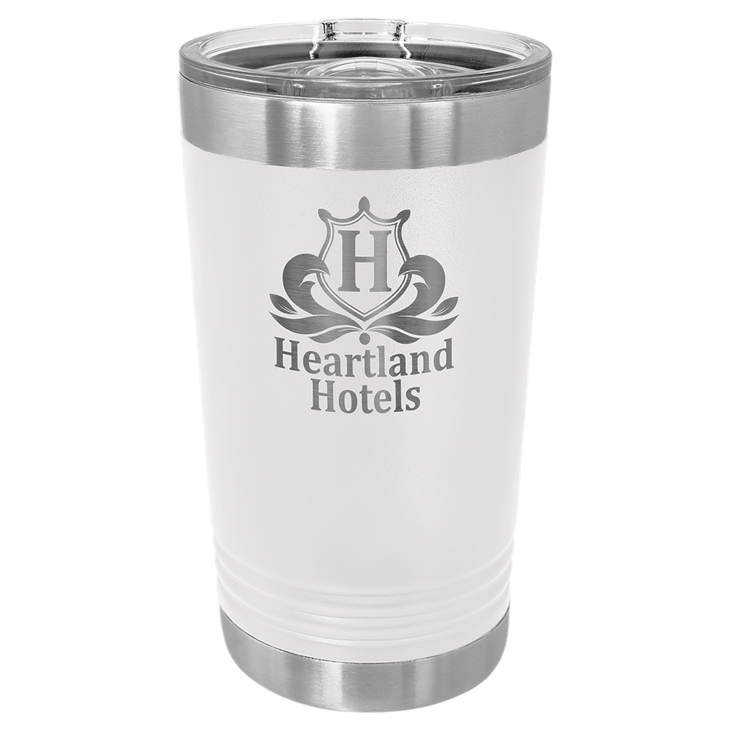 White tumbler with 'Heartland Hotels' logo on a clear background