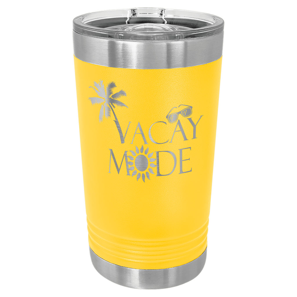 Yellow tumbler with 'Vacay Mode' text and palm tree design on a clear background