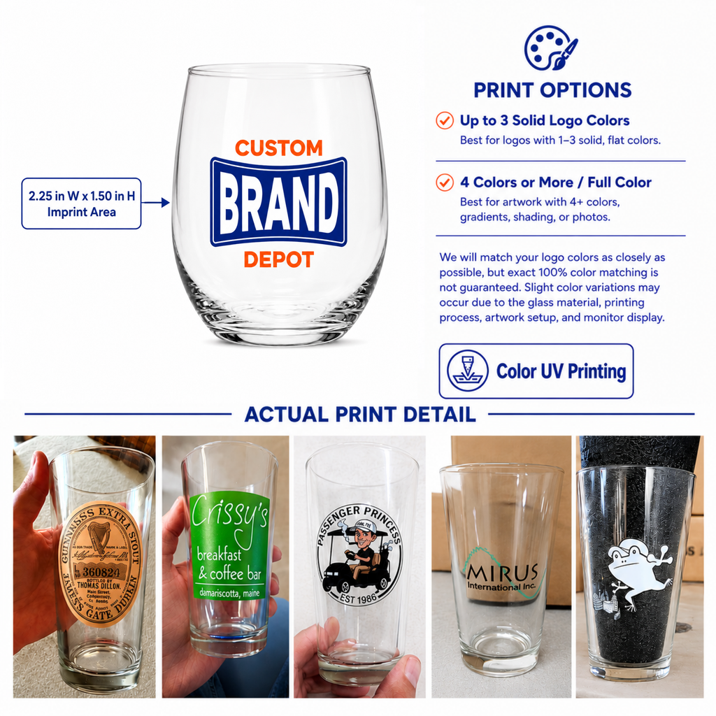 Custom Stemless Wine Glass, 9oz Small Business Gift with Engraved or UV Printed Logo