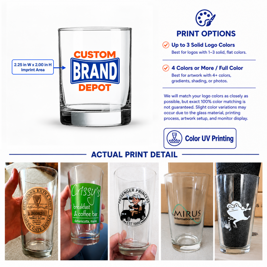 Bulk 14oz Whiskey Glasses, Custom Engraved or UV Printed Company Logo
