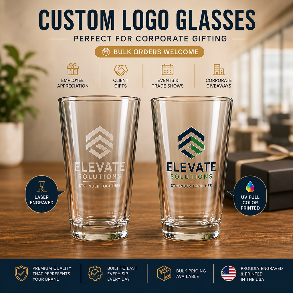 Two clear custom logo drinking glasses displayed on a wooden table, with promotional text above reading 'CUSTOM LOGO GLASSES' and feature icons for employee appreciation, client gifts, events & trade shows, and corporate giveaways. The glasses show the Elevate Solutions branding, and callout badges mention laser engraving and UV full color printing.