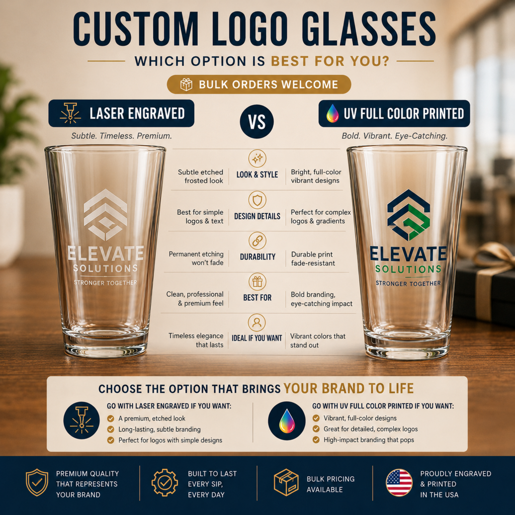 An infographic comparing laser engraved and UV full color printed logo glasses, showing two clear glasses with sample logos on a wooden table against a warm indoor background. The graphic includes text options, pros and cons, and branding for Elevate Solutions.