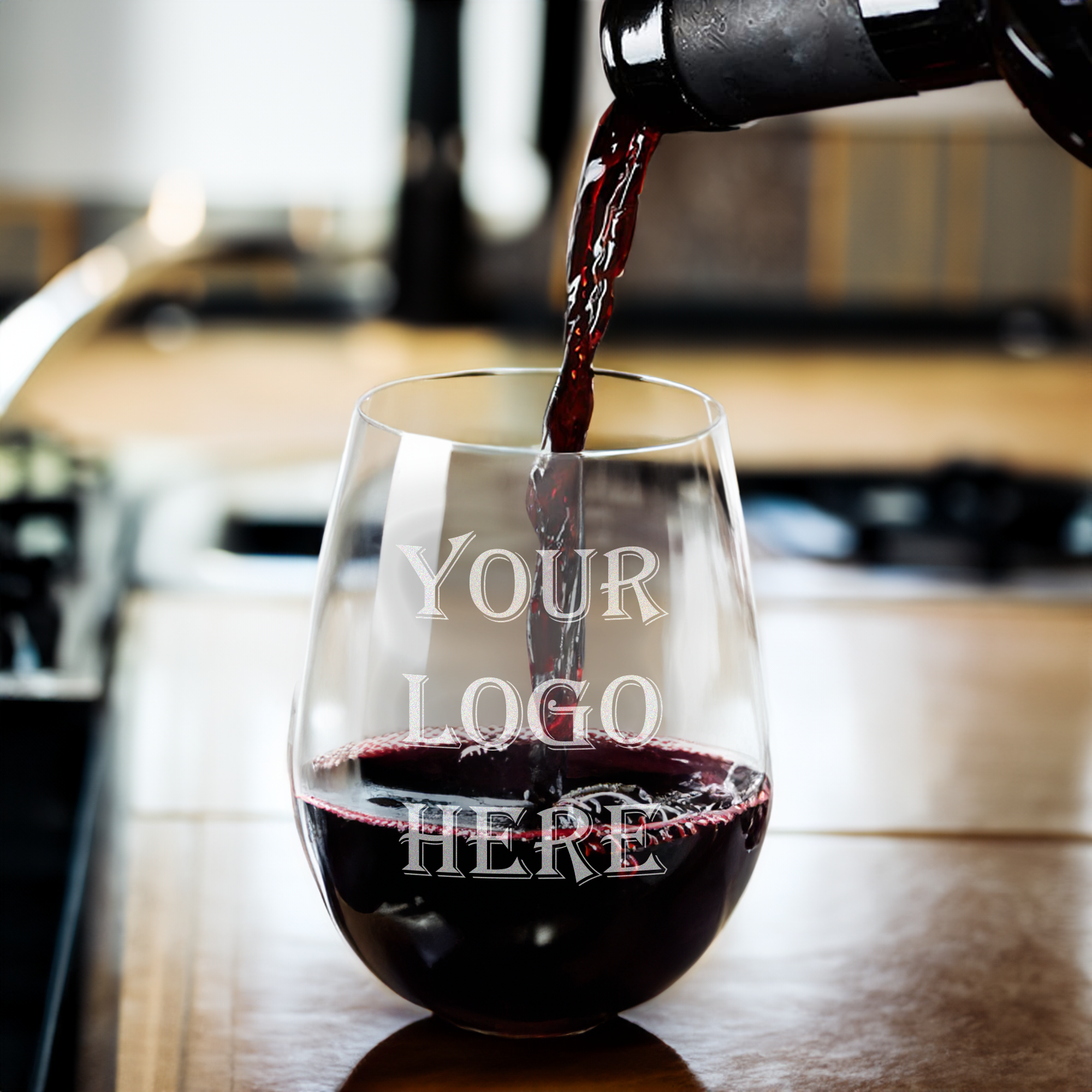 Personalized stemless wine glass featuring a custom logo, staged on an executive desk – ideal for corporate swag, HR appreciation, or branded office barware.